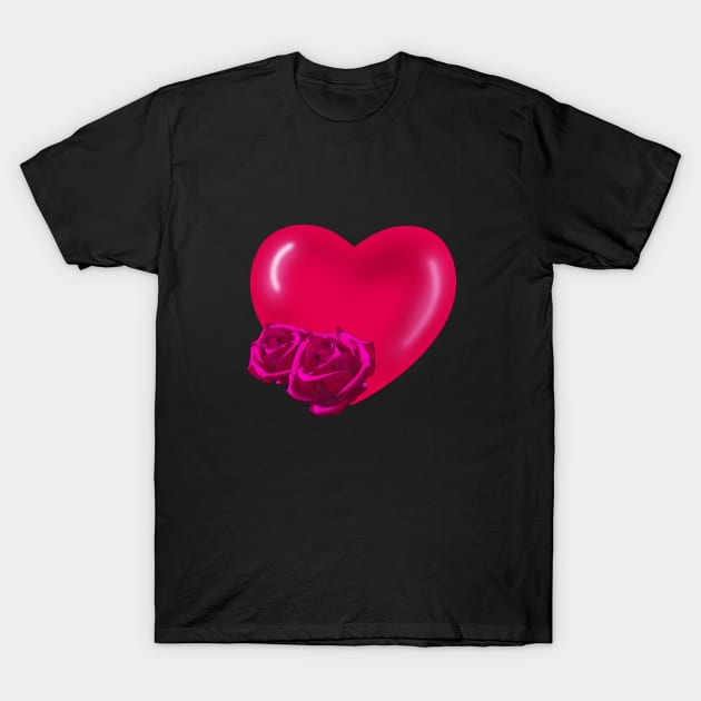 Red Heart with pink roses T-Shirt by galaxieartshop